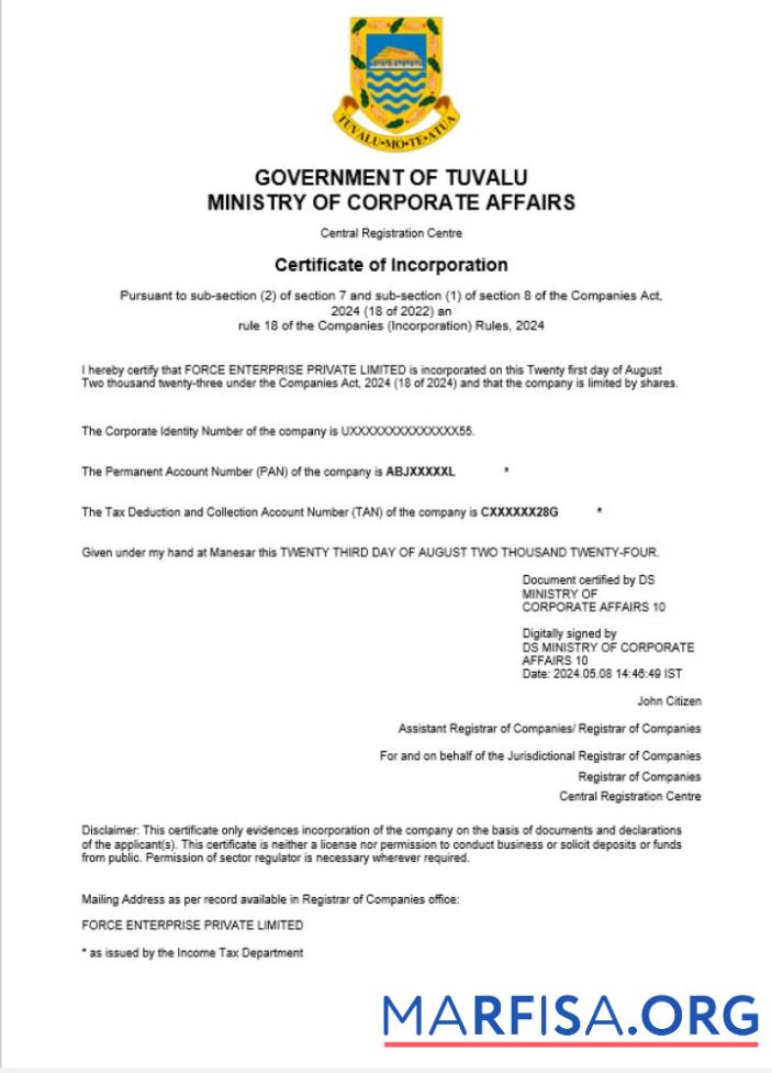 Realistic Tuvalu business registration certificate Word and PDF template